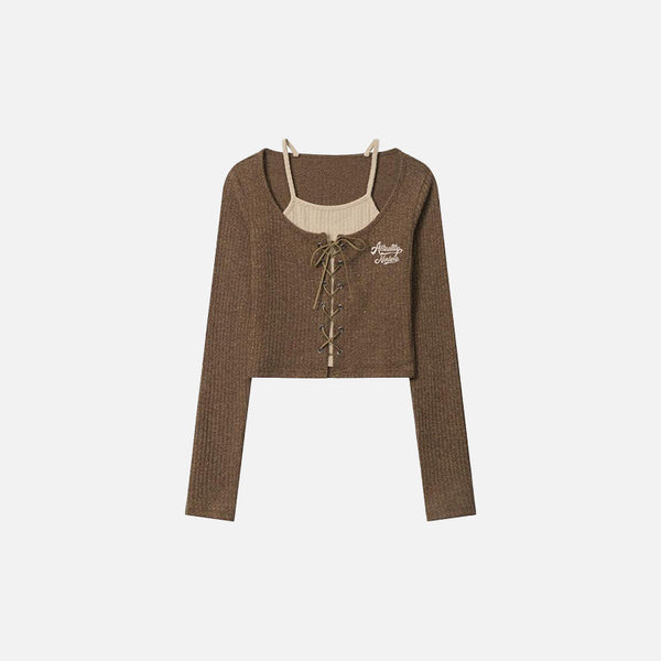 Front view of the brown Women's Laced Elegant Layered Cardigan in a gray background