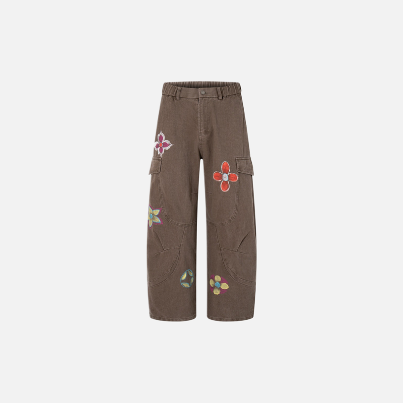 Unique Hand-Painted Botanical Design Bell-Leg Utility Denim