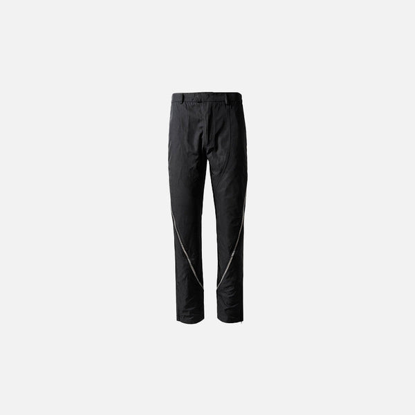 Front view of the black Vintage Spiral Zip-up Jeans in a gray background