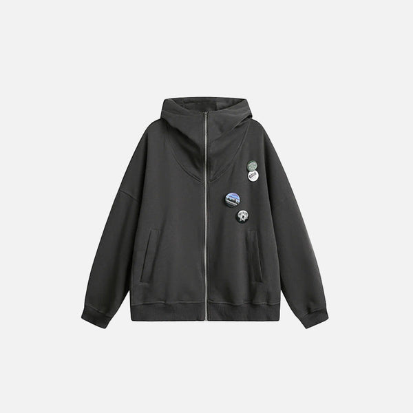 Front view of the dark grey Loose Sports Zip-Up Hoodie in a gray background