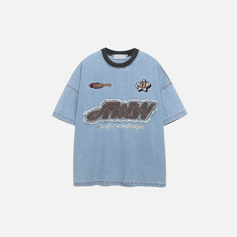 Heat-Wave Block-Style Stitch-Craft Patch Denim T-Shirt