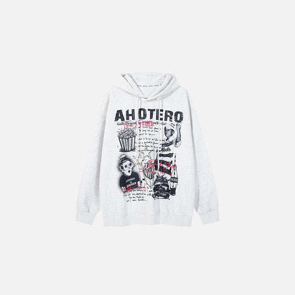 Front view of the gray AHOTERO Retro Art Hoodie in a gray background