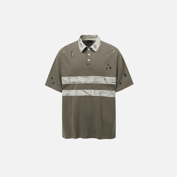 Old School Rebel-Cut Torn-Vibe Patched Ripped Collar-Knit Collar T-Shirt