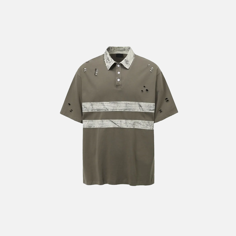 Old School Rebel-Cut Torn-Vibe Patched Ripped Collar-Knit Collar T-Shirt