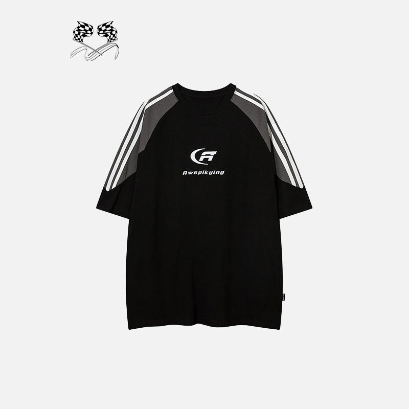 Contrast Color Side Stripe Checkered-Flag T-Shirt