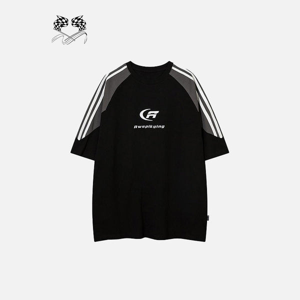 Contrast Color Side Stripe Checkered-Flag T-Shirt