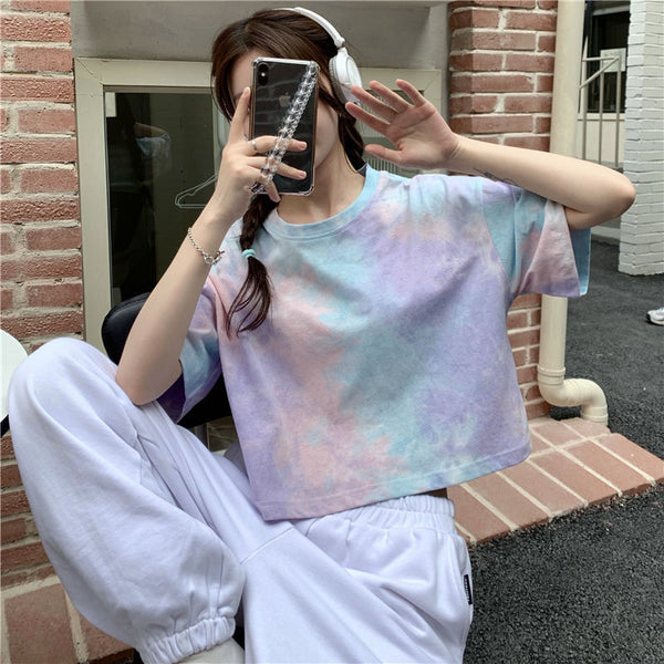 Spiral-Dye Colorful Drop-Shoulder Crop Top