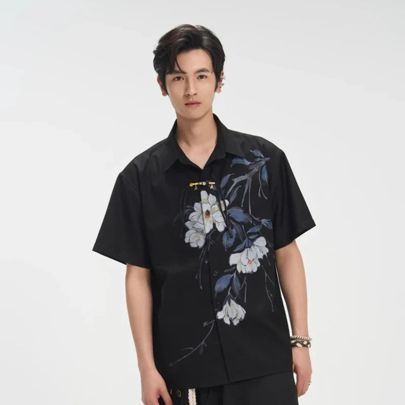 Black Print Polished Lapel Shirt