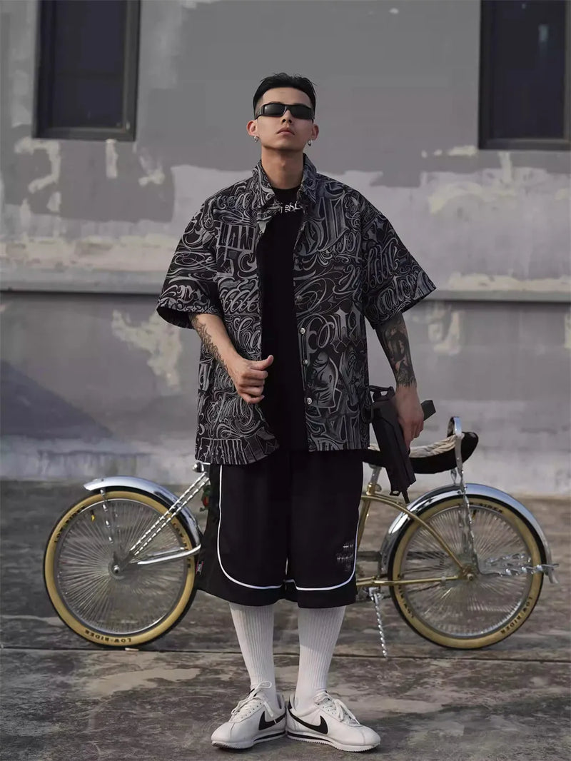 All-Over Letter Print Retro Short Shirt