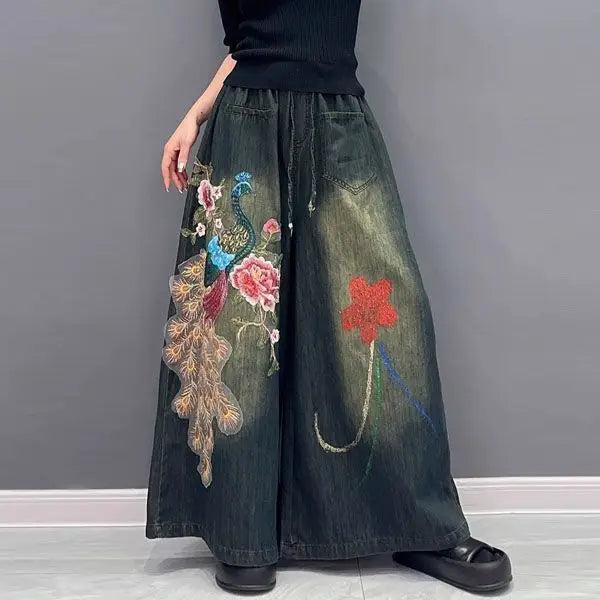 Heritage Chinese Style Peacock Stitchwork Denim