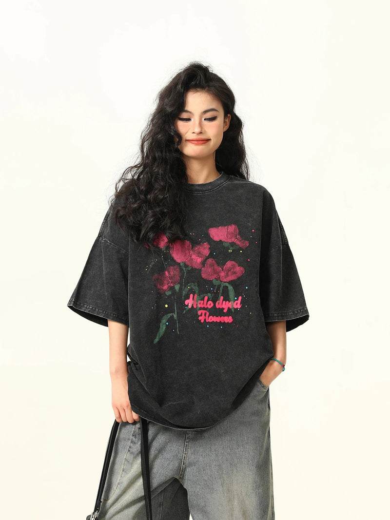 Stone-Rinsed Black Bloom Print Round T-Shirt