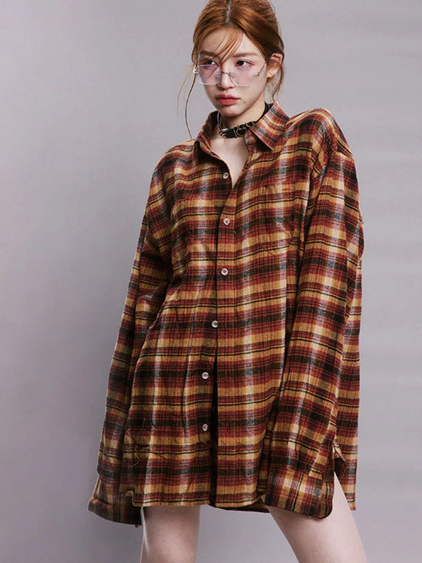 Retro Plaid Cool Oversized Long Blouse