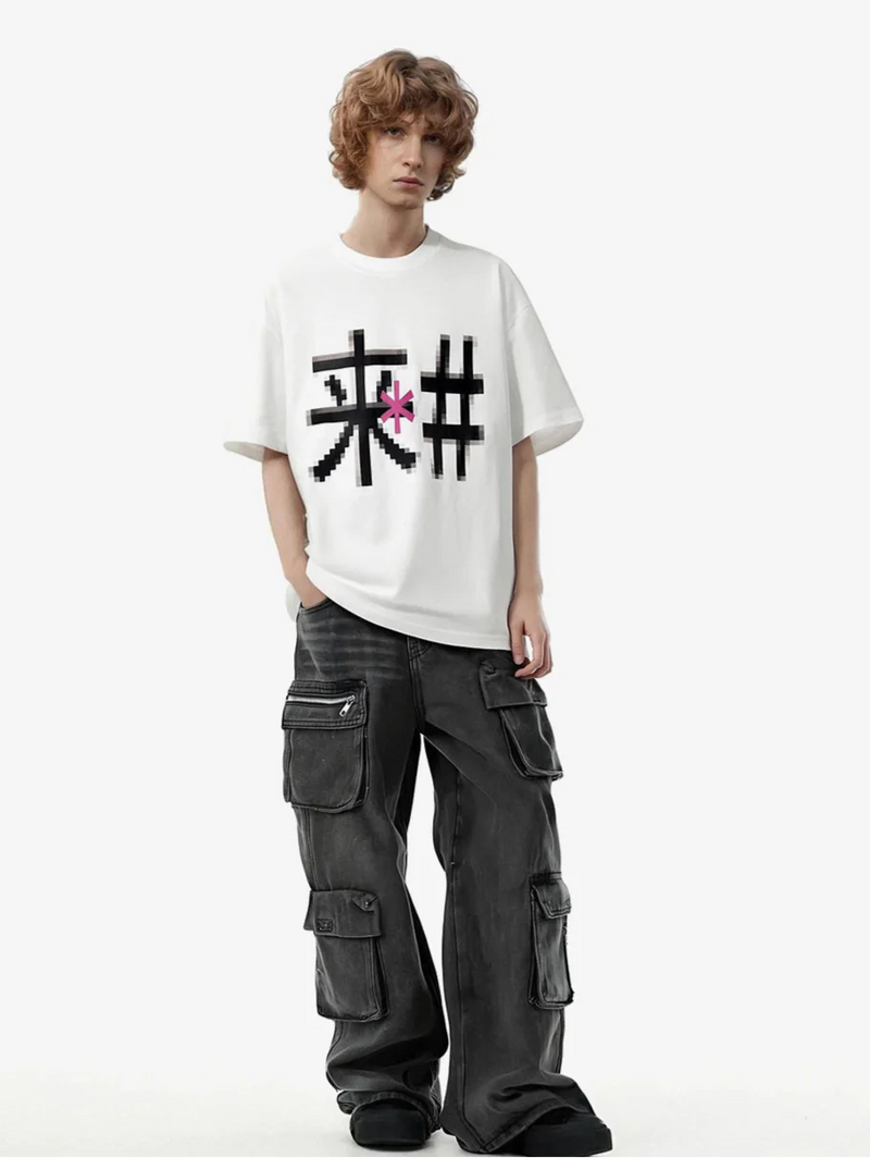 Chinese Characters Print Unstructured Crew T-Shirt