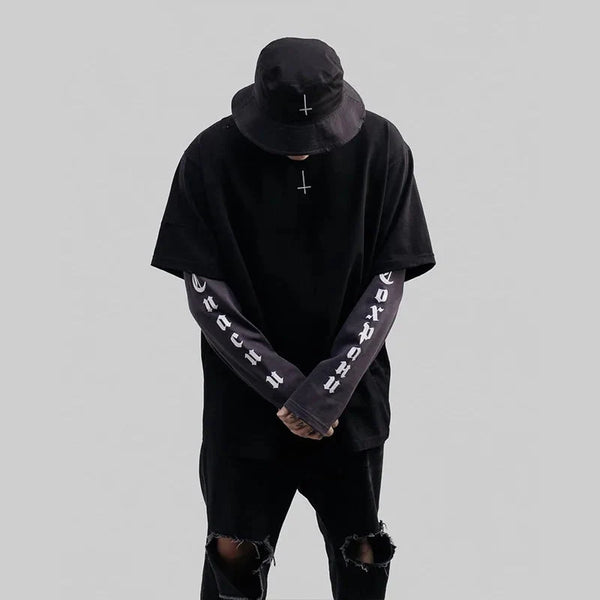 Oversized Long Sleeve Thread-Work Cross T-Shirt