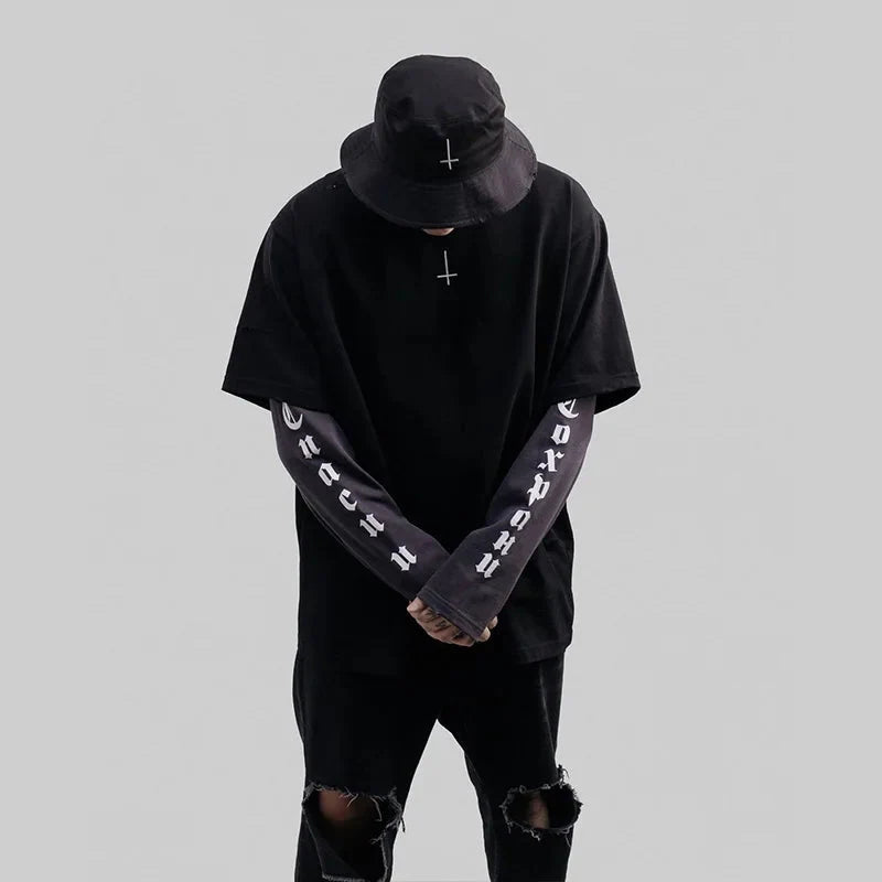 Oversized Long Sleeve Thread-Work Cross T-Shirt
