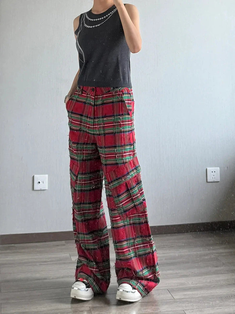 Crimson Plaid Grunge High-Rise Relaxed Pants