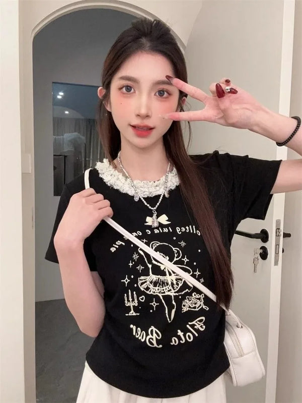 Sweet Cartoon Ursus Imprinted Lace T-Shirt