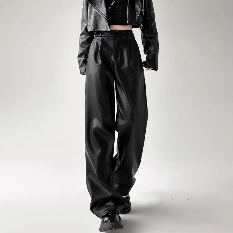 Retro Black Leather Wide-Leg