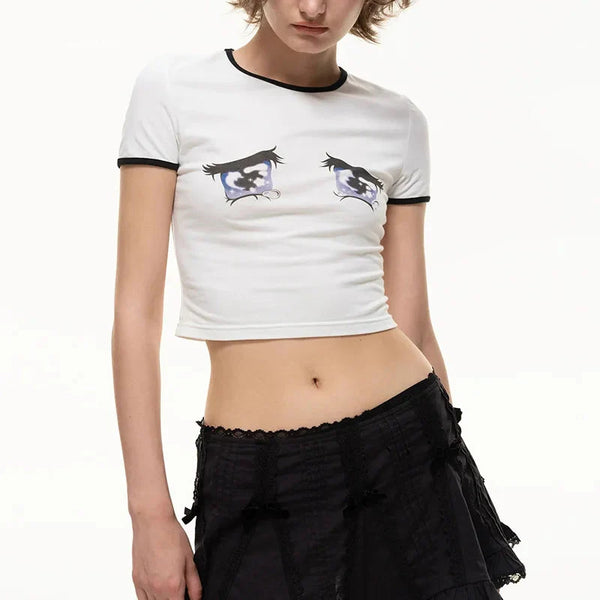 Watery Eyes Print Cartoon Cut-Short T-Shirt