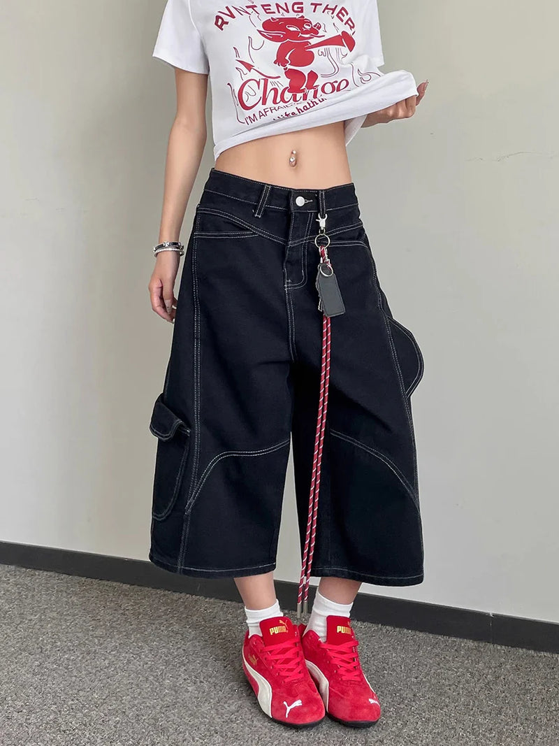 Timeless Urban Beat High-Rise Mosaic Utility Denim Shorts