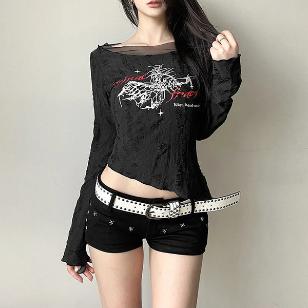 Noir Counter-Culture Mesh Spliced Long T-Shirt
