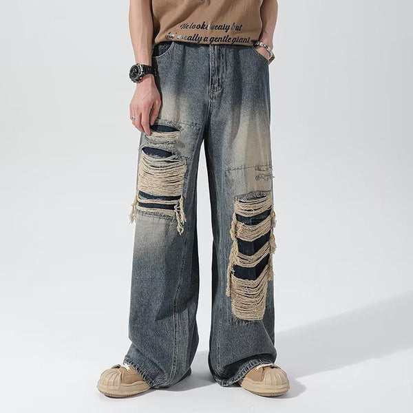 Washed Ripped Wide-Leg Denim