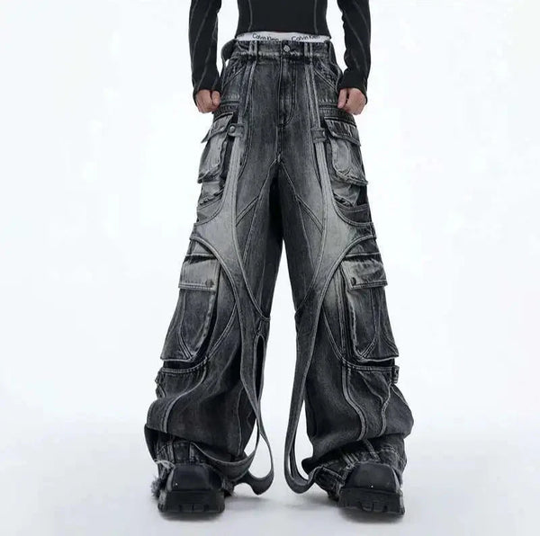 Mosaic Irregular Strap Bell Leg Relaxed Denim