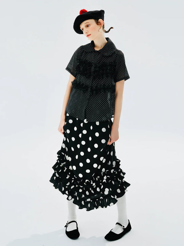 Dot Print Lapel Black Short Blouse