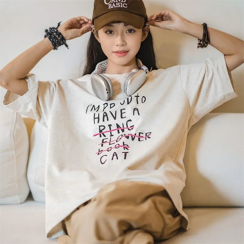 Time-Worn Letter Print Wide-Body Designed T-Shirt