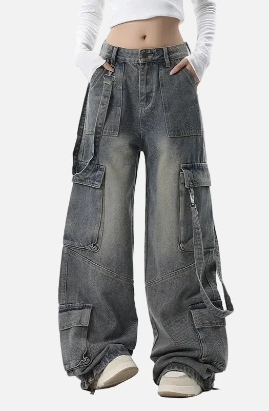 Women Gray High-Rise Bell Leg Blue Relaxed Denim