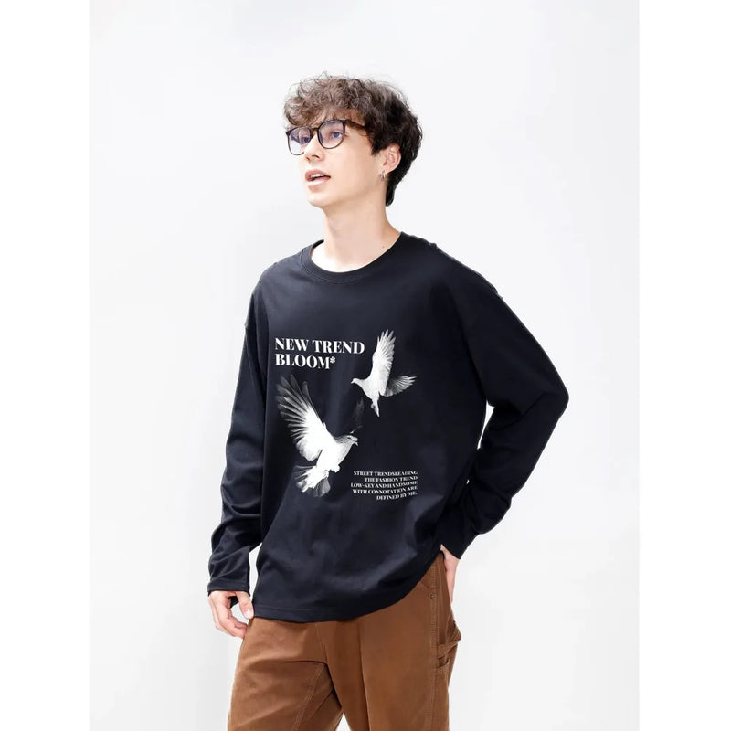Kuş Baskılı Uzun Kollu Tişört, önden görünüm — Navra Wear