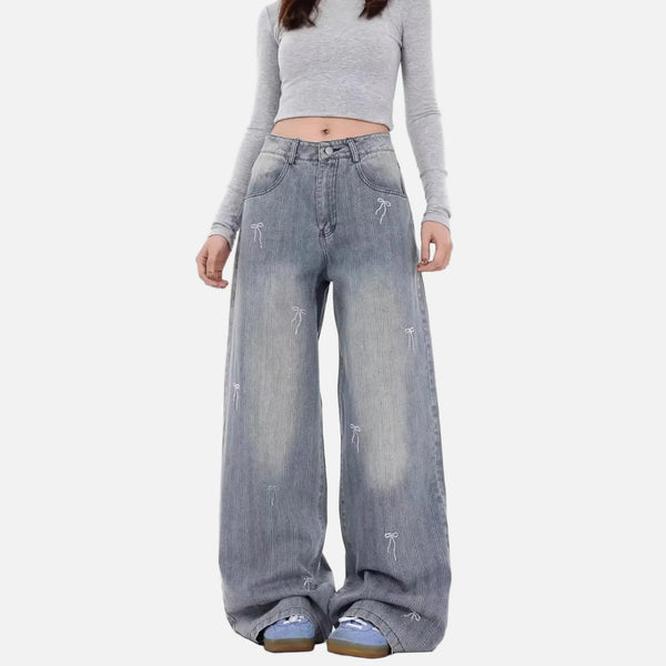 Stitched Bow Relaxed Bell Leg Denim