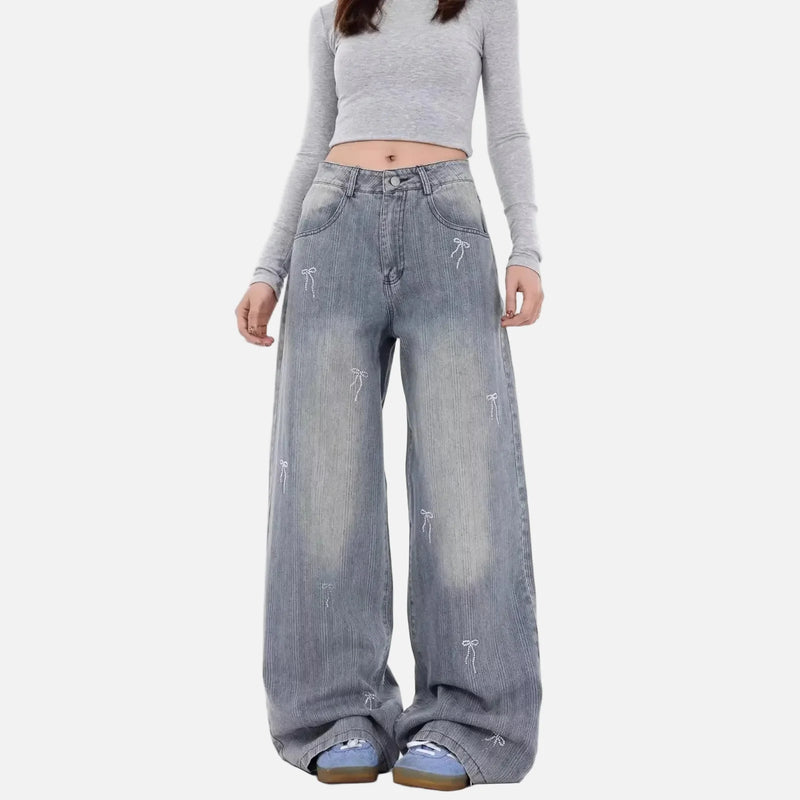 Stitched Bow Relaxed Bell Leg Denim