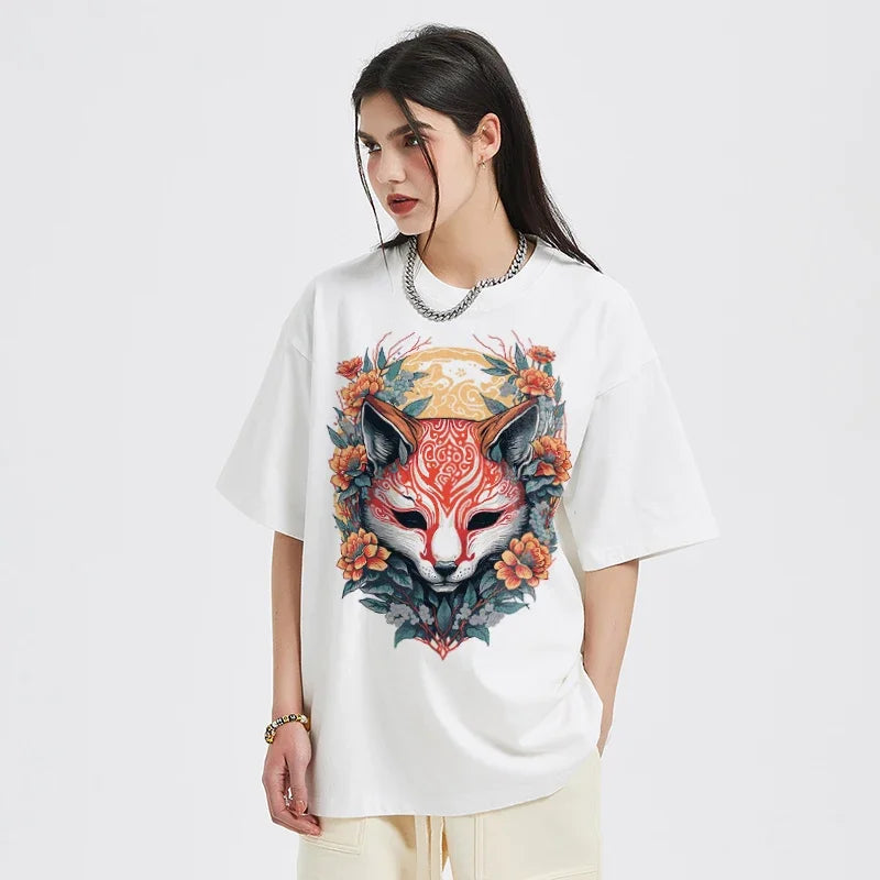 Tilki Baskılı Asimetrik Kesim Tişört, önden görünüm — Navra Wear