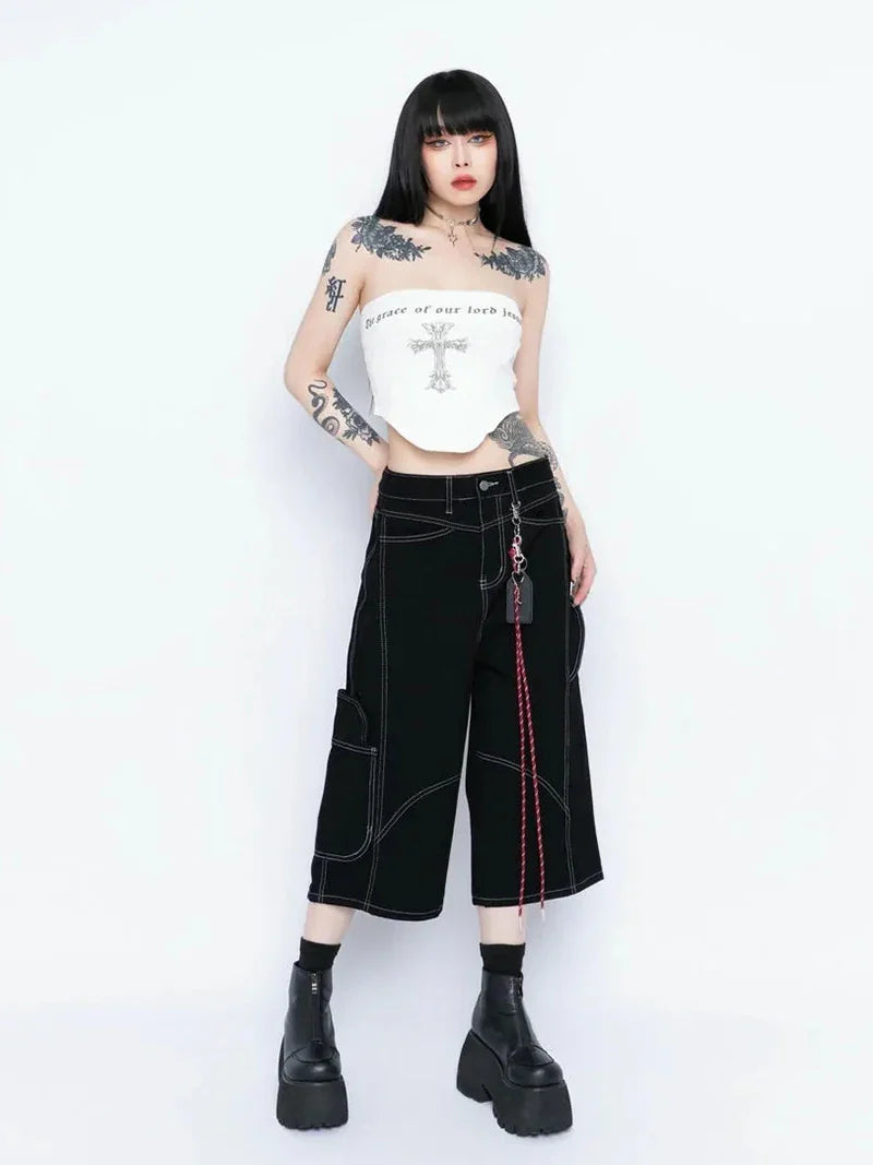 Mosaic Black Timeless Wide Leg Denim Shorts