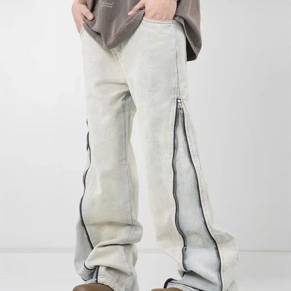 Wide Zipper Bell-Leg Denim