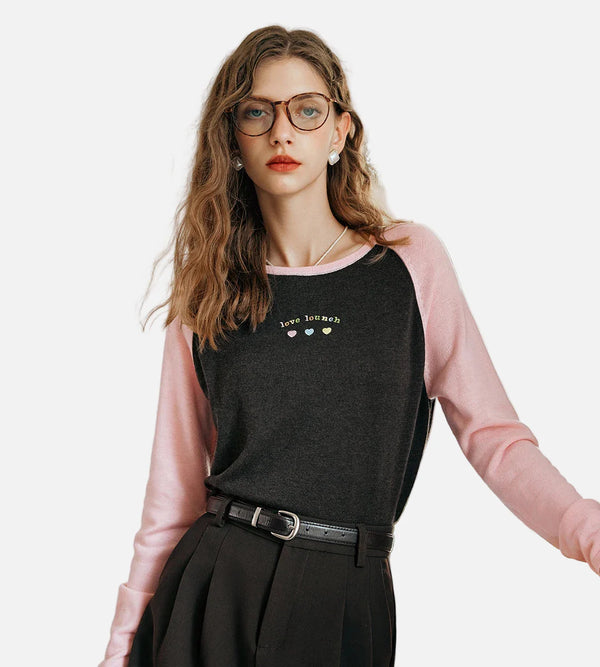 Knitted Color Contrasting Women Long Sleeve T-Shirt