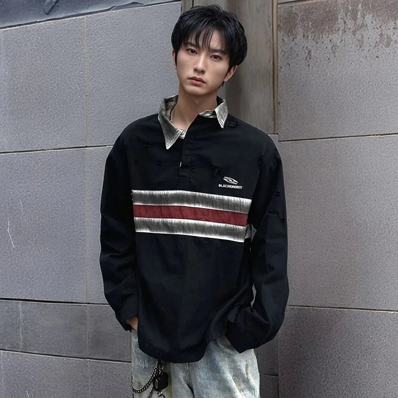 Ripped Old School Long Sleeve Collar-Knit Collar T-Shirt