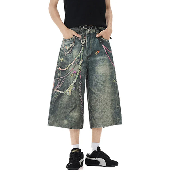 Custom 3D Printed Chain Pattern Denim Shorts