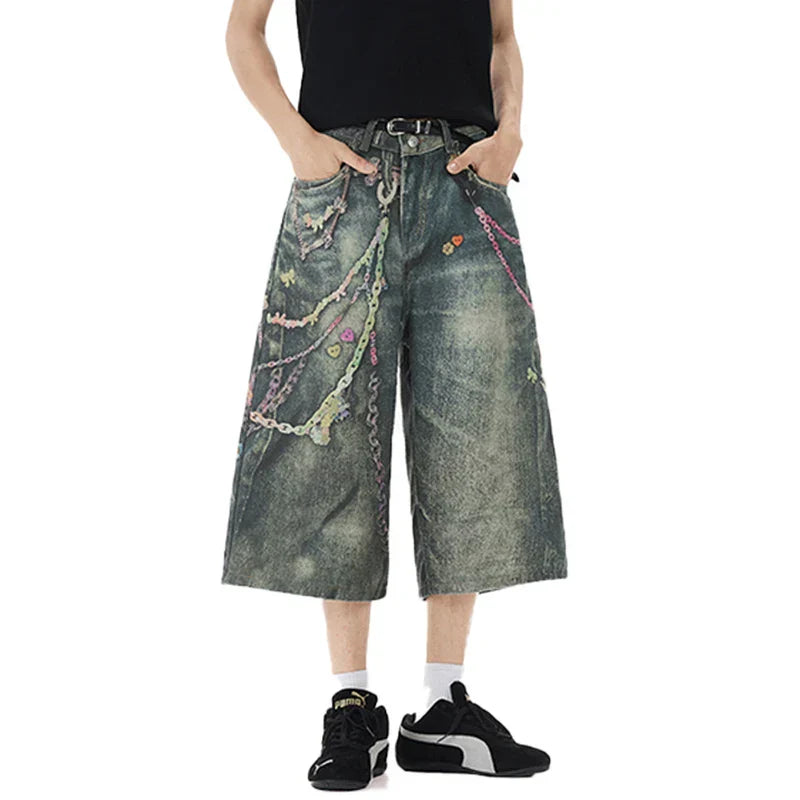 Zincir Baskılı Jean Şort, önden görünüm — Navra Wear