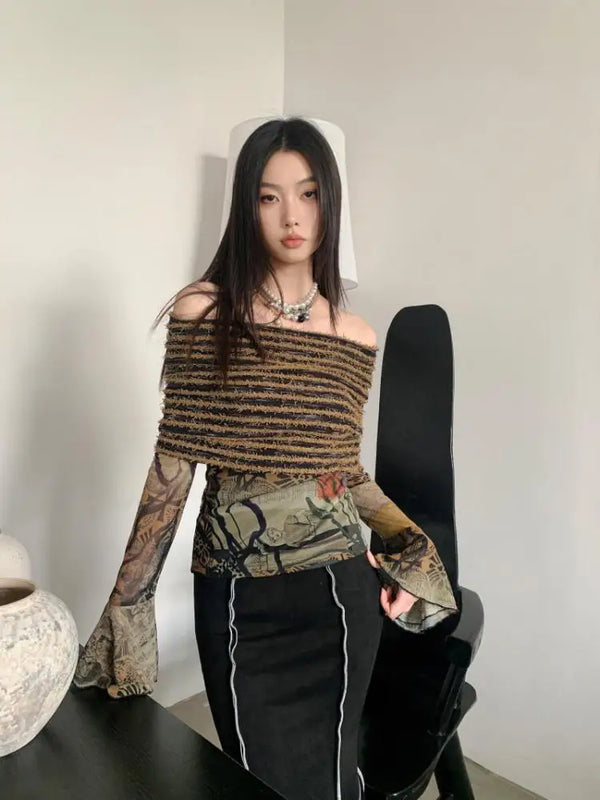 Knit Mesh Sleeve Flare Folk T-Shirt