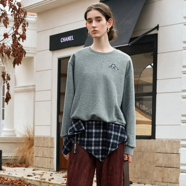Plaid Stitch Casual Crewneck