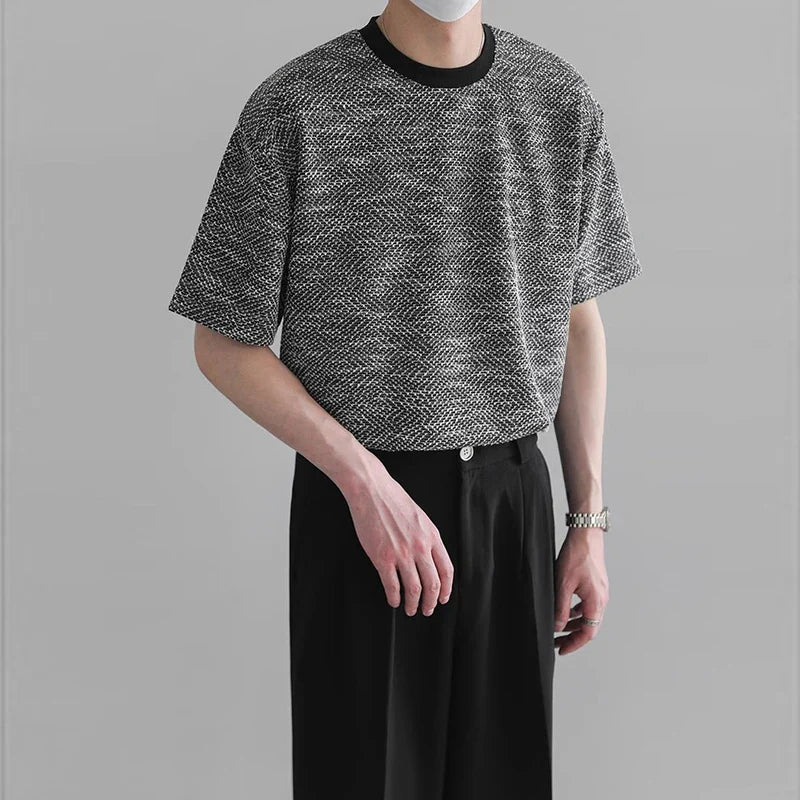 Laid-Back Premium-Touch Seoul-Style Style Textured O-Neck T-Shirt