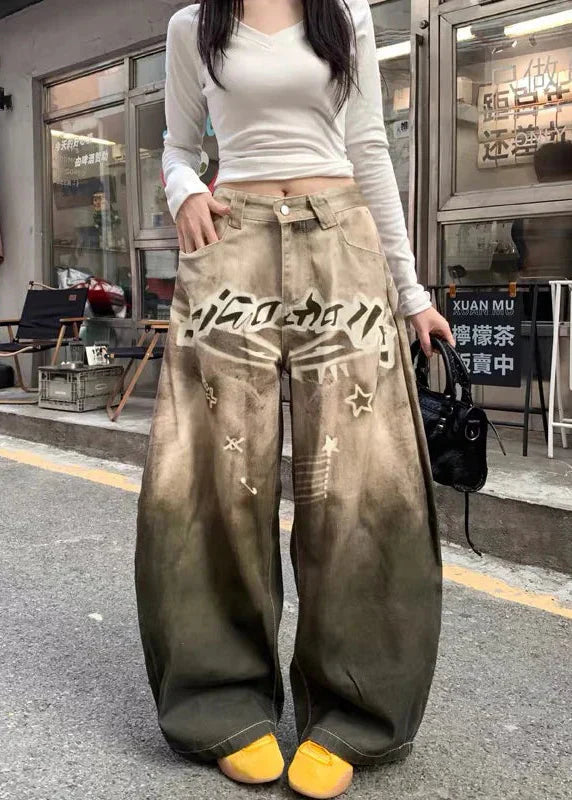 Wide Leg Western Baskılı Jean Pantolon, önden görünüm — Navra Wear