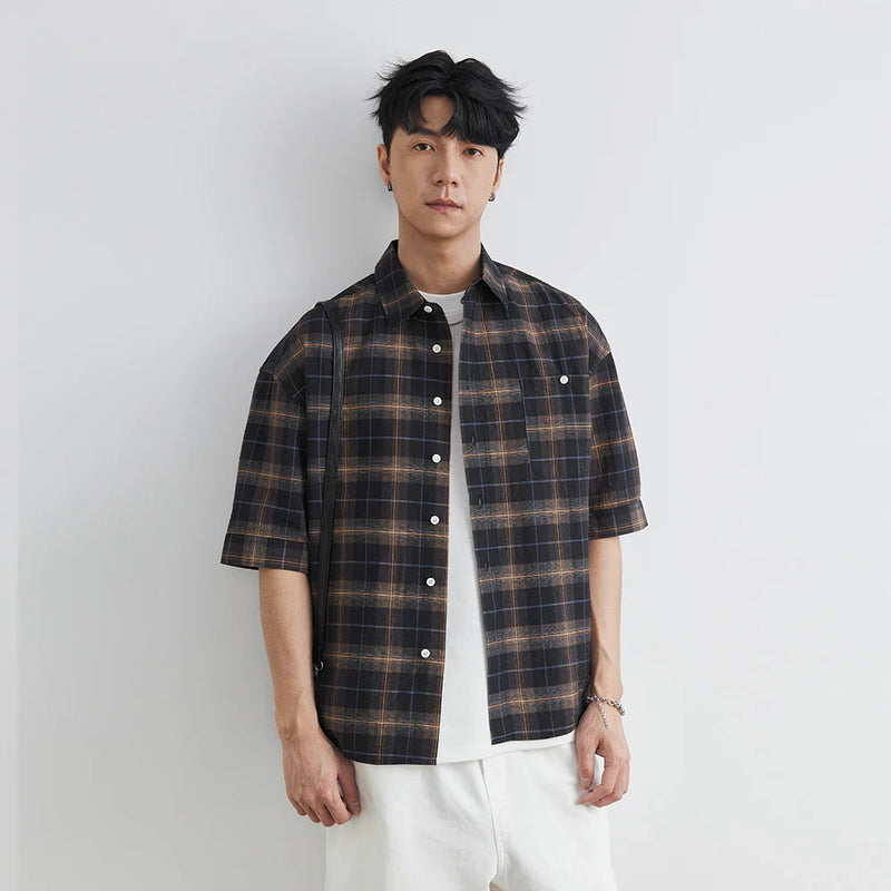 Mens Plaid Lapel Oversized Button Top