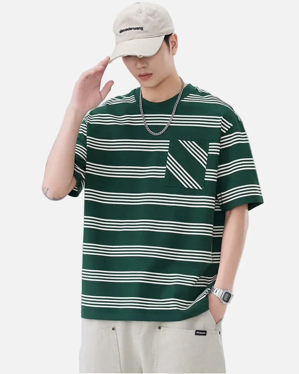Chic Unstructured Fit Bar-Print with Front Pocket T-Shirt