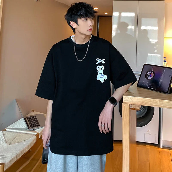 Grizzly Print Big-Silhouette Seoul-Style T-Shirt