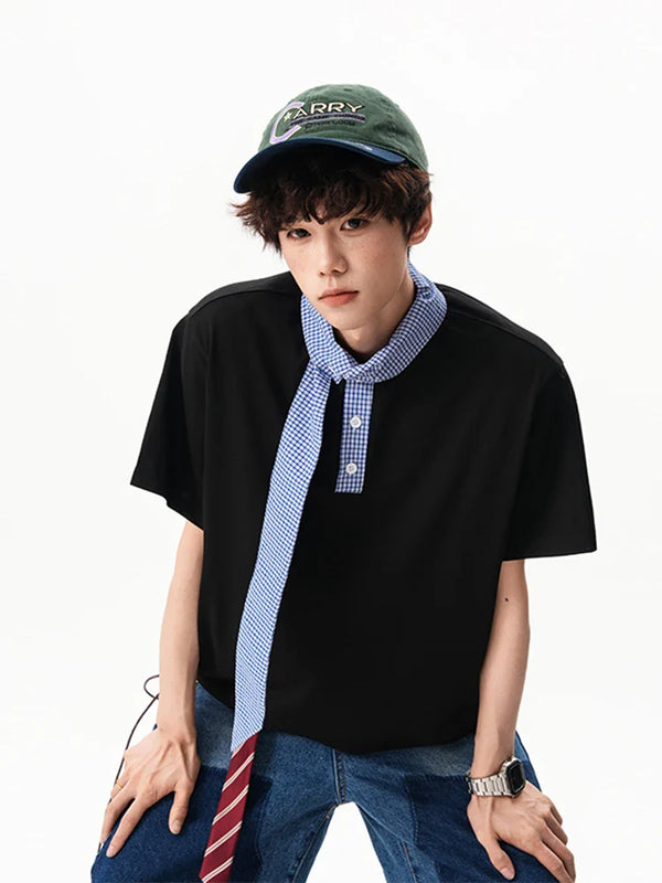 Gingham Tie Collar Big-Silhouette Short Sleeve T-Shirt