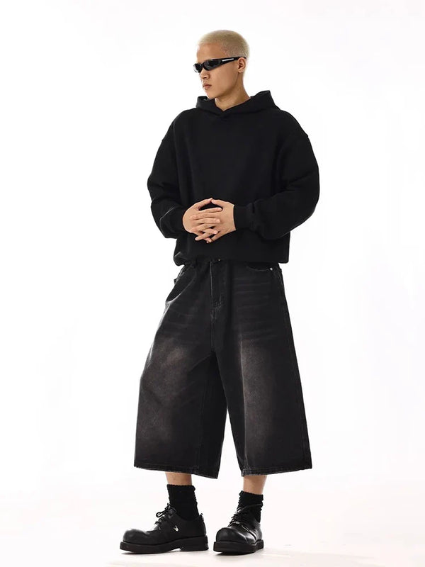 Men Black Wide Leg Cleanfit Denim Shorts