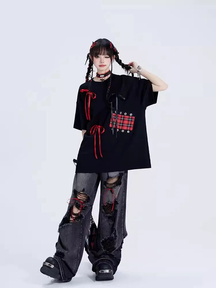 High-Rise Torn Hole Relaxed Denim